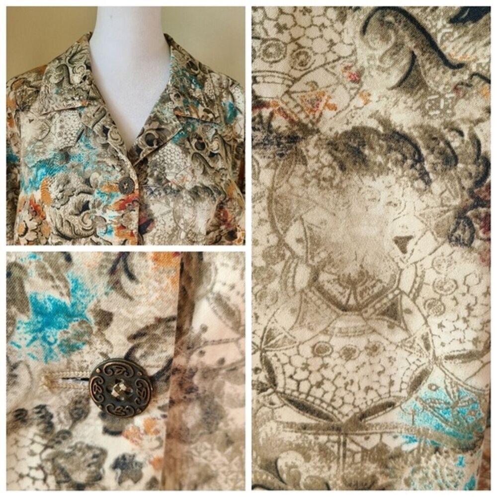 Chicos Floral Jacket 1 / Medium Cotton Spandex Button Up Collar Long Sleeve - Picture 3 of 13